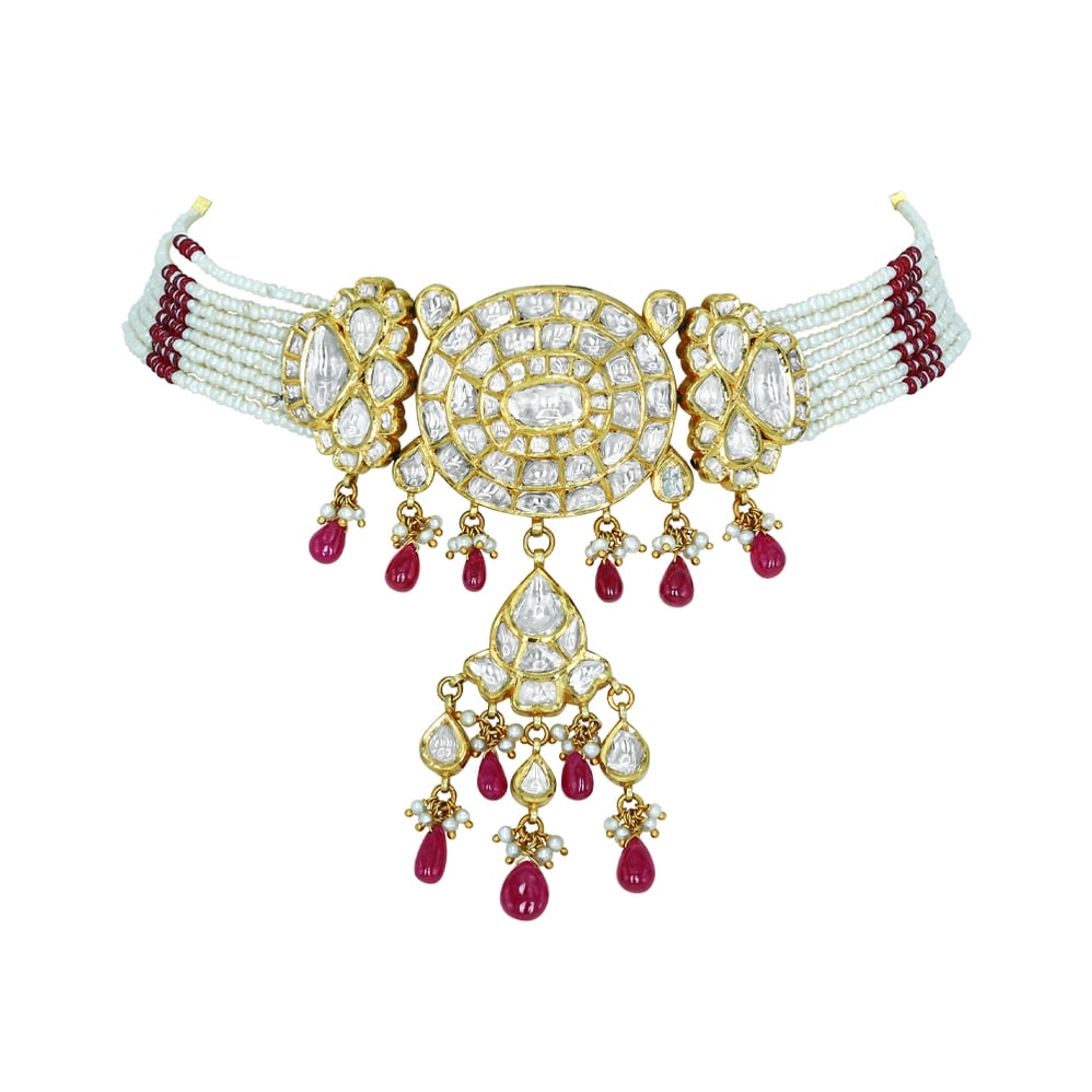 Oval Polki Choker with Floral Motifs, Ruby Drops, and Pearl Accents